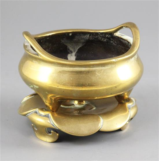 A Chinese bronze ding censer and stand, Xuande mark, 18th / 19th century, width 12.5cm height 10.2cm weight 1.44kg